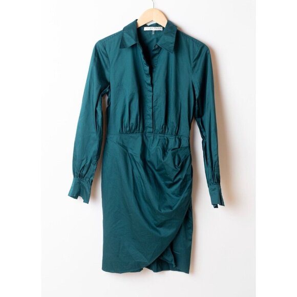 Trina Turk Women's Dress Size 6 Teal Longsleeve Drape Collared Organic Cotton